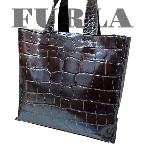 美品 フルラ トートバッグ ハンドバッグ クロコ型押し レザー ブラウン FURLA エキゾチックレザー ブラウン