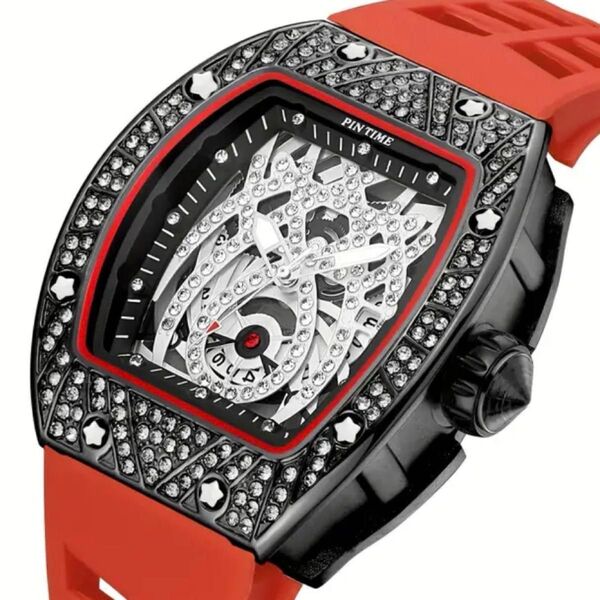 新品 PINTIME トノー オマージュウォッチ ラバーストラップ メンズ腕時計 レッド