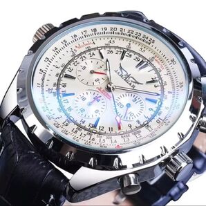 新品 JARAGAR 自動巻機械式腕時計 メンズウォッチ レザーベルト ホワイト&シルバー