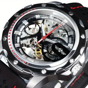 新品 T-WINNER 自動巻機械式腕時計 メンズウォッチ シルバー&ブラック ラバーストラップ 466