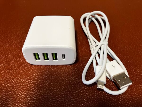 USB,Cコンセント充電器 4ポート(白)&iPhoneケーブル1本(1m)
