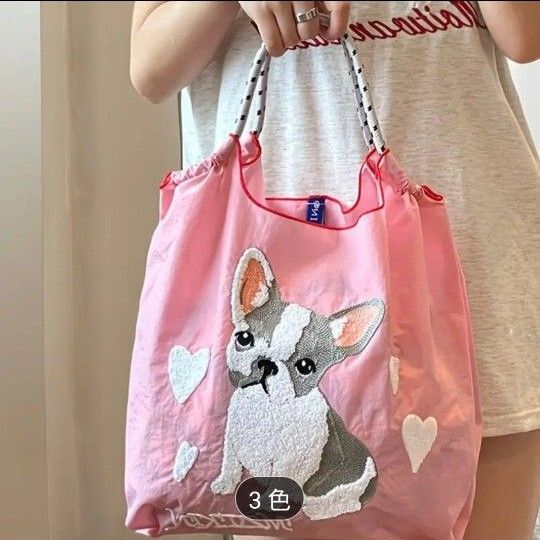 新品 フレンチブルドッグ 刺繍入り エコバッグ ショルダーバッグ トートピンク