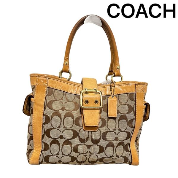 【COACH】 コーチ シグネチャー レザー キャンバス トートバッグ ハンドバッグ ブラウン系 肩掛け
