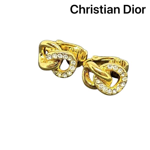 【Christian Dior】 クリスチャンディオール イヤリング ゴールドカラー ラインストーン