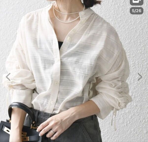 シップスエニィ シアー ジャカード シャーリング シャツ ブラウス 美品 アイボリー SHIPS 春夏