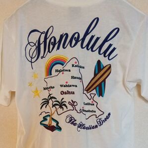 メンズМサイズ ハワイアン刺繍 Tシャツ Honolu/Oahu 白