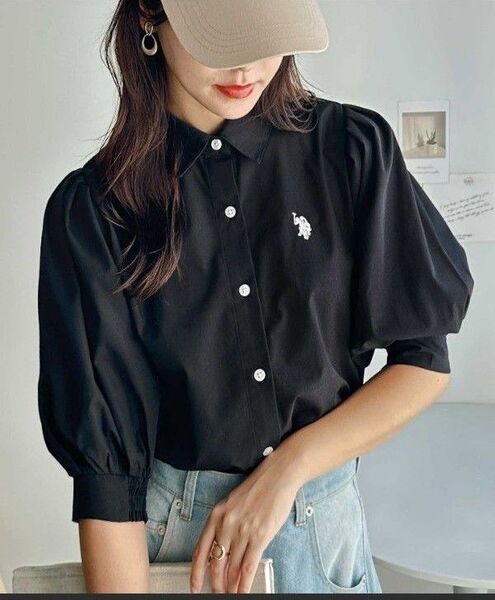GeeRA別注【U.S. POLO ASSN.】ボリューム袖シャツブラウス ブラック Lサイズ