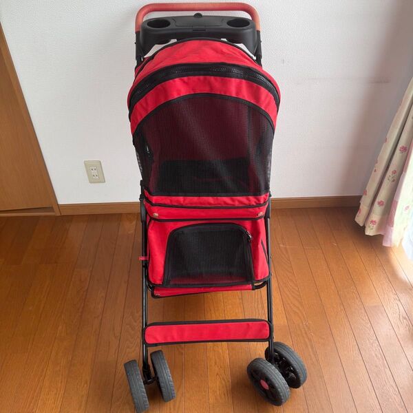 中古 ビックペットストローラー 折りたたみ ペットカート レッド 説明書紙付き