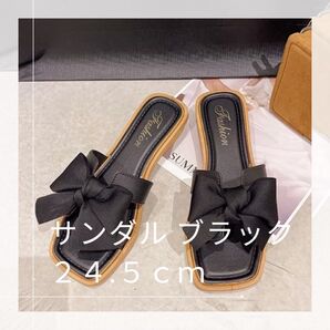 サンダル ミュール ブラック 黒 ぺたんこ リボン レディース 夏 ヒール