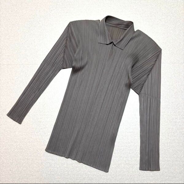 プリーツプリーズ イッセイミヤケ 長袖シャツ 襟付き 長袖カットソー グレー ISSEY MIYAKE PLEATS PLEASE