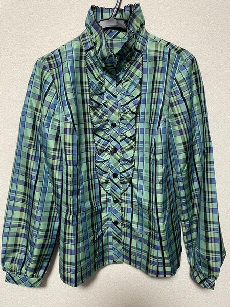 【美品】レリアン シルク混 フリル付きチェックシャツ ブラウス 11サイズ