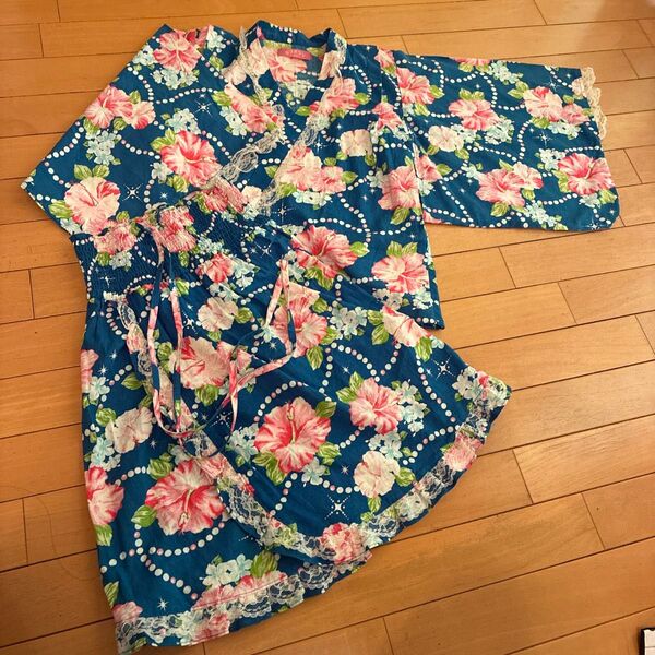 セパレート浴衣 なつまつり 140 花柄 ハイビスカス 青 ブルー