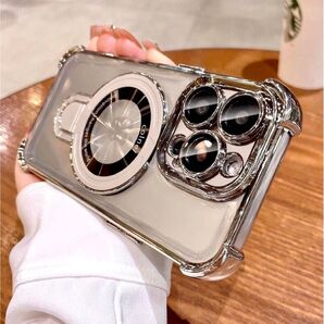 iPhone15 ケース チタニウム グレー メッキ加工 磁気吸引 マグセーフ 対応 リング付き カメラ レンズ フルカバー♪