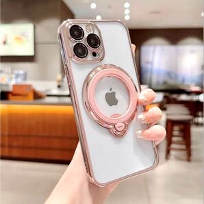 iPhone14 Promax クリア ケース ピンク メッキ加工 磁気吸引 360度 回転 バンカーリング レンズ フルカバー♪
