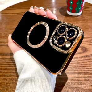 iPhone13 promax ブラック ゴールド メッキ ソフトケース マグセーフ 対応 磁気充電 カメラ レンズ フルカバー♪