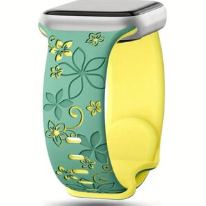 AppleWatch アップルウォッチ バンド グリーン/イエロー 花柄 フローラル彫刻 42/44/45/49mm♪