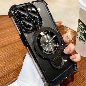 iPhone13 Promax ケース ブラック メッキ加工 磁気吸引マグセーフ 対応 スタンド付 カメラ レンズ フルカバー♪