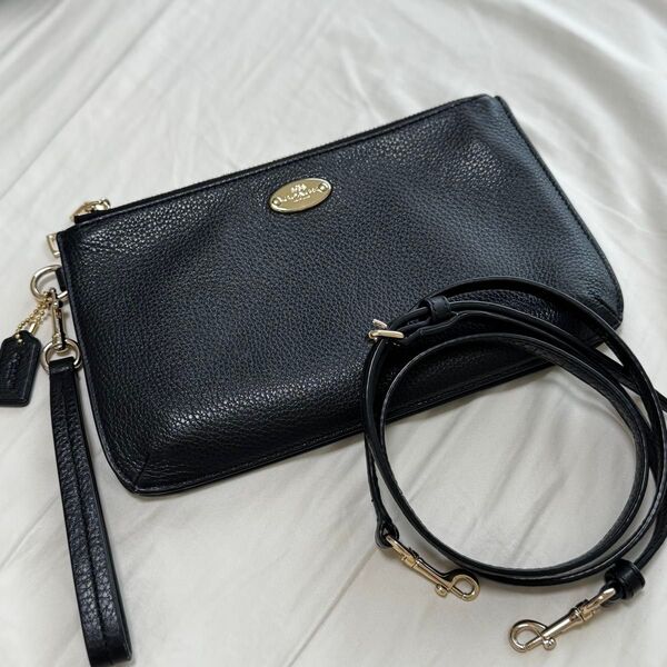 COACH コーチ 2way ショルダーバッグ レザーバッグ ダブルジップ クラッチバッグ 黒 ブラック ゴールド クロスボディ