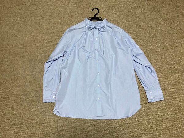 極美品★ルクールブラン★長袖シャツ★ブラウス★フリルネック★立ち襟★ブルー★size38 MオーバーサイズL LL★ブルー