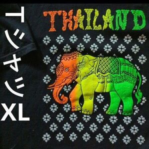 Tシャツ 黒 ビッグ タイ 象 エンボス加工 綿100 メンズ リメイクにも