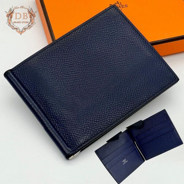 【X刻印】 エルメス ポーカーGM マネークリップ ネイビー ビジネス カード Hermes メンズ 財布 2016年 札入