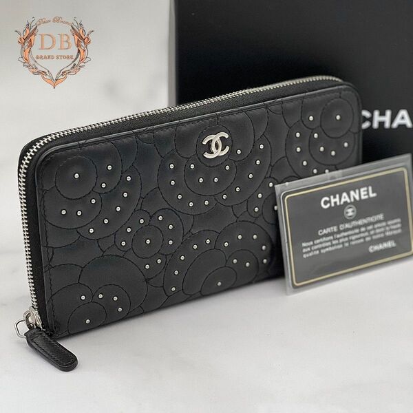シャネル カメリア スタッズ ジッピーウォレット ココマーク ブラック ダイヤ CHANEL レディース 財布 シルバー ラム