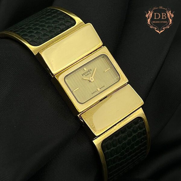 【電池交換済】 エルメス ロケ ゴールド グリーン リザード ブレスレット 金 Hermes レディース 時計 稼働品 クォーツ