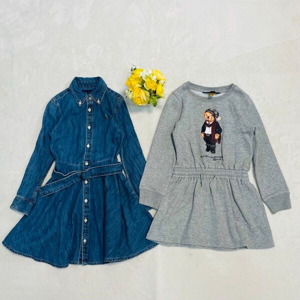 ポロ ラルフローレン ワンピース 2点セット デニム スウェット 裏起毛 クマ 刺繍 ウエストリボン ポケット付き 青 グレー 5