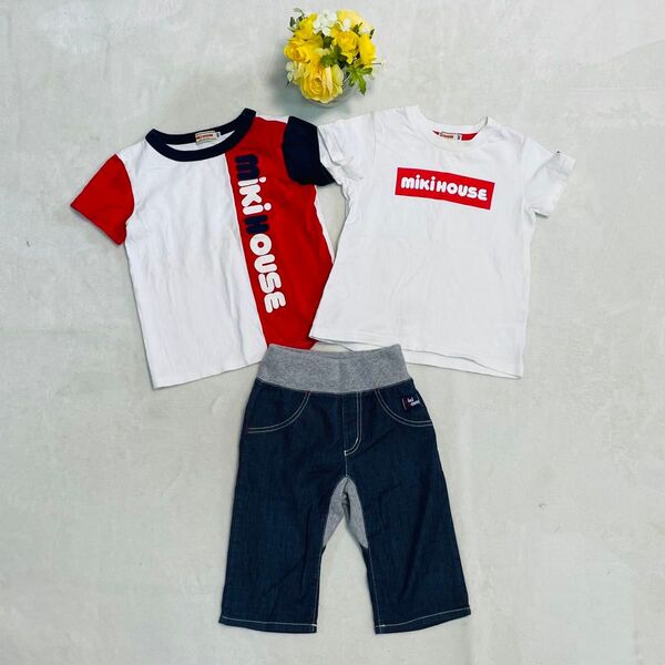 ミキハウス Tシャツ ハーフパンツ 3点セット ブランドロゴ ソフトデニム 綿 ヒップロゴ ウエストゴム 青 赤 白 100