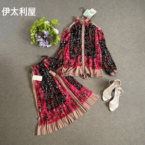 新品タグ付き イタリヤ ブラウス プリーツスカート 2点セット 立襟 ドロスト ウエストゴム 猫 アニマル 総柄 赤 黒 11号