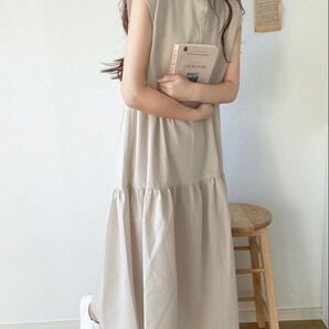 新品 夏向け バックリボン ティアード ワンピース ベージュ フリーサイズ コットン ロングワンピース