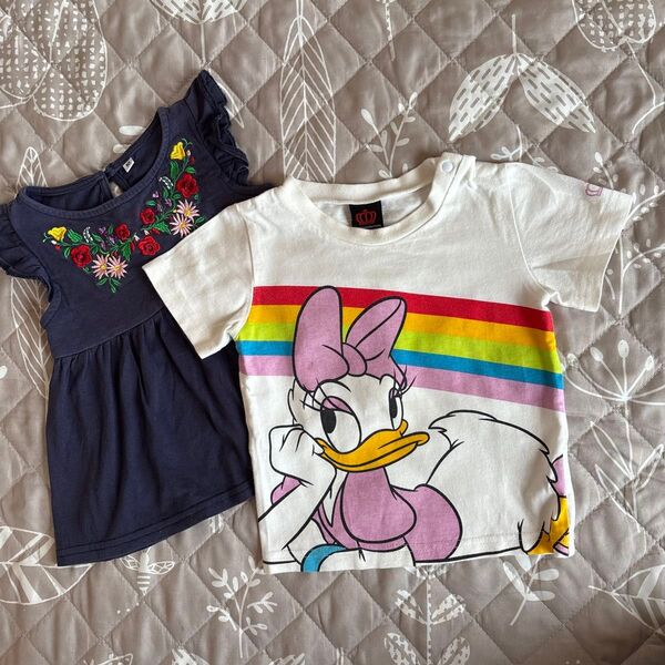 90サイズ 2枚セット Disney ディズニー デイジー ベビードール Tシャツ ノースリーブ 刺繍入り 女の子