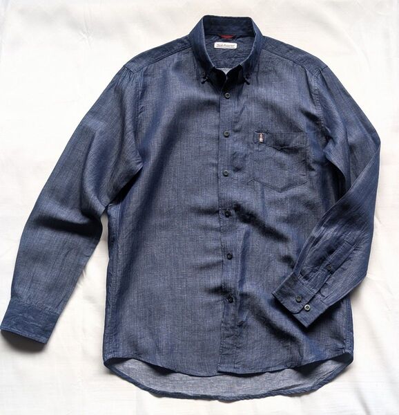 Hush Puppies ハッシュパピー シャンブレー ワークシャツ インディゴ ネイビー BD 長袖 シャツ 胸 ロゴ 刺繍