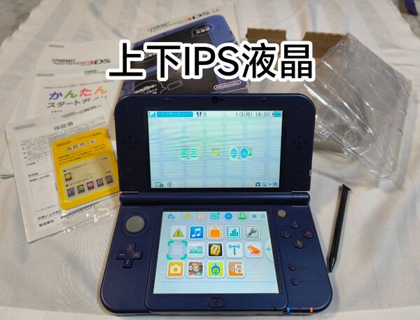 超美品 上下IPS Newニンテンドー3DS LL メタリックブルー。純正タッチペン。SD。