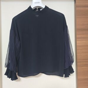 fifth 半袖 7分袖 カットソー 透け感 シフォン袖 ネイビー