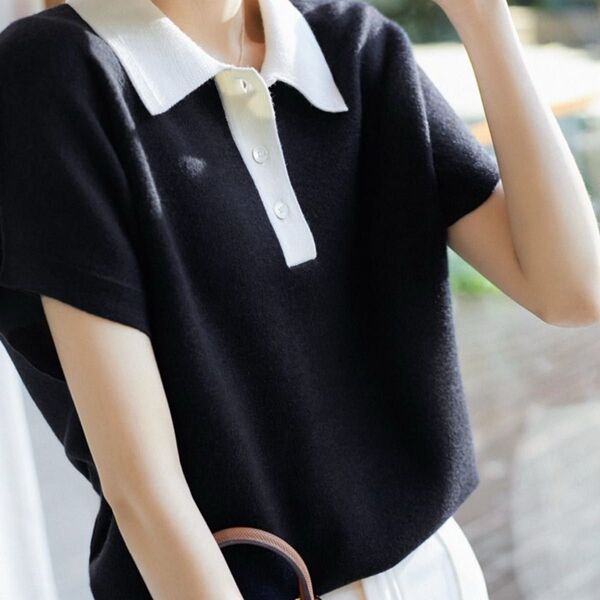 一度着用の美品!黒 ポロネック サマー ニット 半袖 トップス