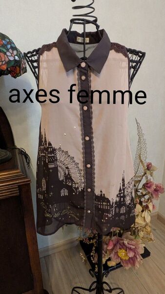 ◆お値下強化中◆axes femme ◆ノースリーブブラウス ベージュピンク×ブラウン
