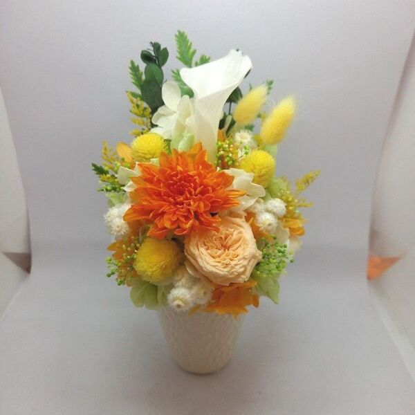 仏花 プリザーブドフラワー カラーとオレンジのことね菊 花器あり