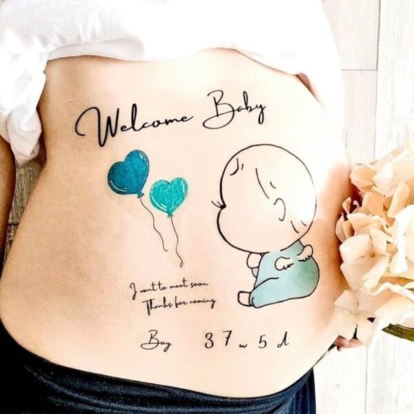 Welcome Baby マタニティフォト シール 青色 ハート風船