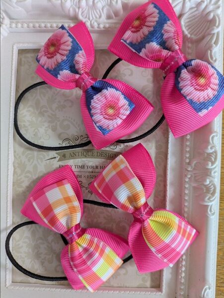 ヘアゴム No.113 ハンドメイド リボン 2点セット キッズ ピンク