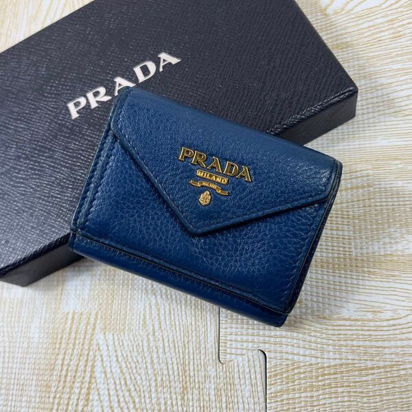 PRADA プラダ 3つ折り財布 ネイビー ヴィッテロダイノ コンパクトウォレット