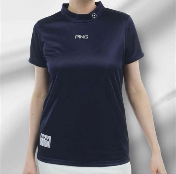 新品 PING / レディスゴルフウェア 鹿の子半袖ハイネックシャツ レディス ネイビー Lサイズ