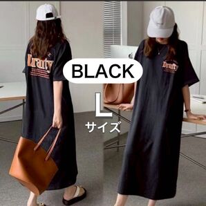 Tシャツワンピース 半袖 ロング tシャツ マタニティ ブラック ワンピ スリット 黒 L 可愛い かわいい おしゃれ 韓国 ロゴ