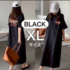 Tシャツワンピース 半袖 ロング tシャツ マタニティ ブラック XL ワンピ ロゴ ティーシャツ 可愛い 韓国 スリット 細見え