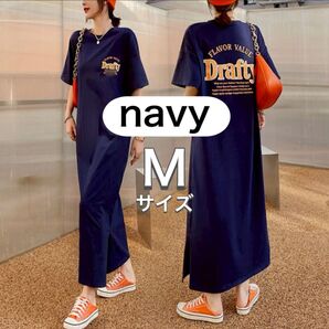 Tシャツワンピース 半袖 ロング tシャツ ワンピース ネイビー 夏 春 M 可愛い 韓国 可愛い おしゃれ 大人 カジュアル