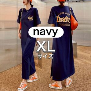 Tシャツワンピース 半袖 ロング tシャツ マタニティ ネイビー XL 夏 スリット 可愛い 韓国 ロゴ ティーシャツ 細見え