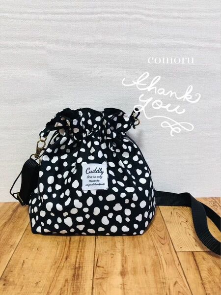 【 2wayショルダー ハンドメイド ショルダー 巾着ポシェット 巾着ショルダー 巾着バッグ】ダルメシアンブラック