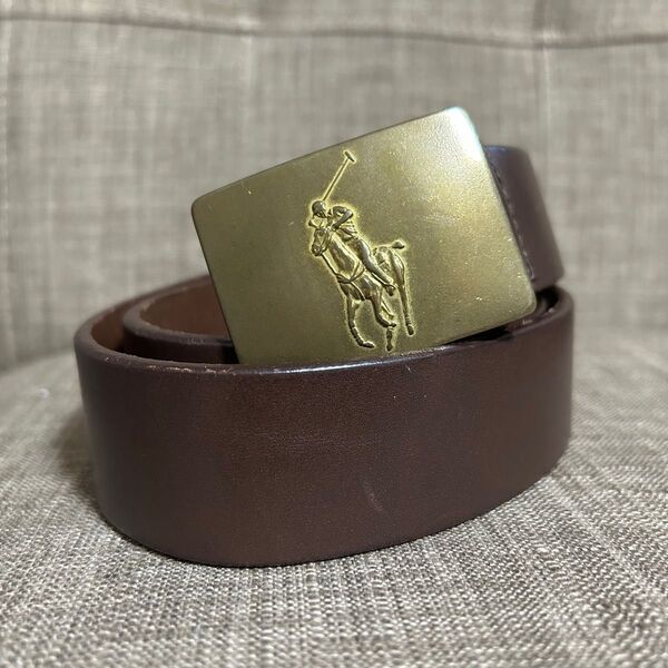 美品 RALPH LAUREN ラルフローレン レザーベルト 本革 バックル ゴールド ブラウン メンズ カジュアル ロゴ型押し
