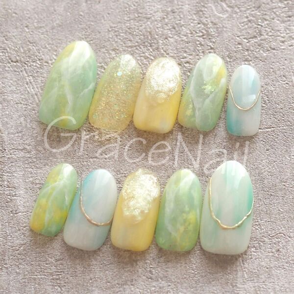 No.1053 現品販売!ネイルチップ イエロー/ニュアンス/グリーン