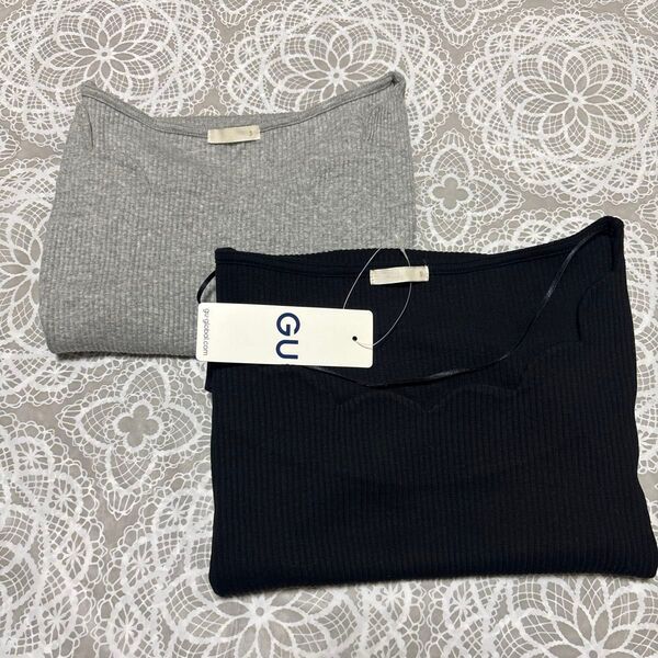 GU スカラップ 半袖 トップス 2枚セット 中古美品&新品未使用 ブラック&グレー
